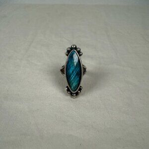 Vintage Sterling Silver Split-Shank Marquise Labradorite Statement Ring Size 6.5